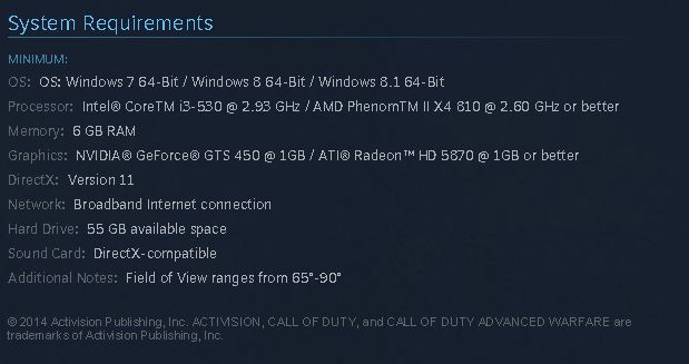 Call Of Duty: Advanced Warfare System Requirements