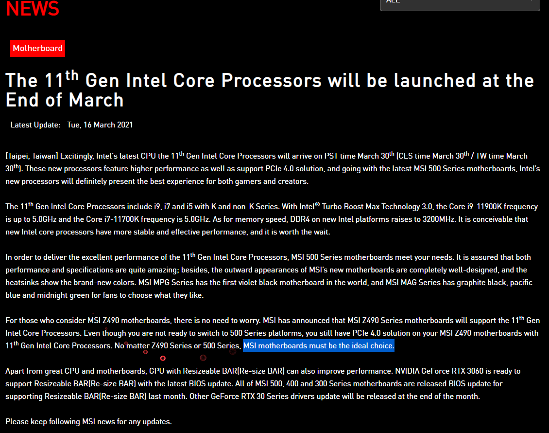 Msi: Intel 11Th Gen Processors Will Launch On March 30
