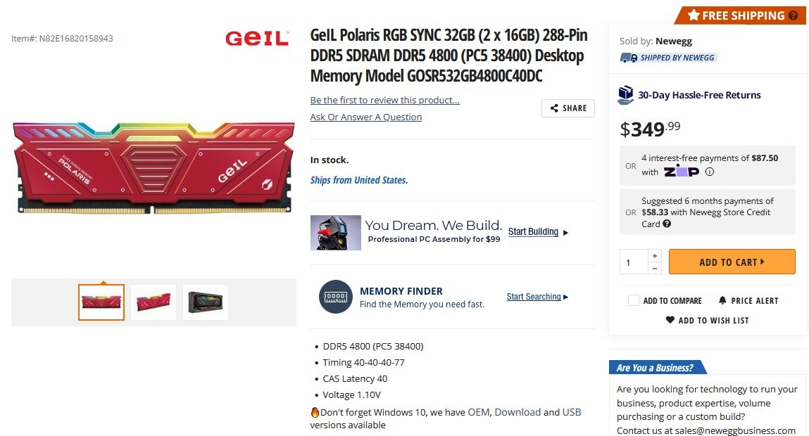 Newegg DDR5 Listing Suggests the Debut Pricing for Consumer DDR5 DIMMs -