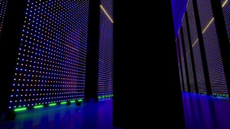 Data Servers Behind Glass Panels. Data Center. Big Data. Super Computer.