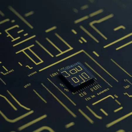 Abstract Views Of Microchips In Macro Shot: Black Boards And Golden Schemes