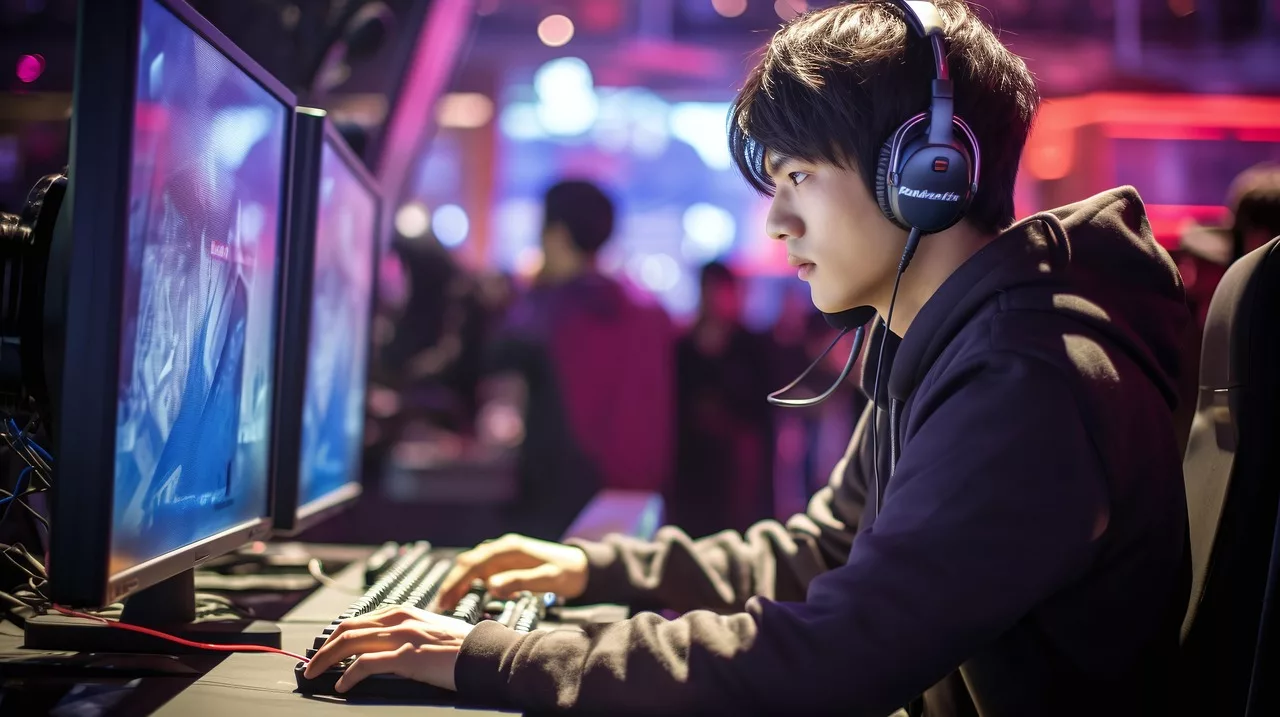 Programing, Korea, Gamer, Stage, E-Sports, Competition, League Of Legends, Focused, Preparation, Headset, Computer, Monitor, Hardware, Ai Generated